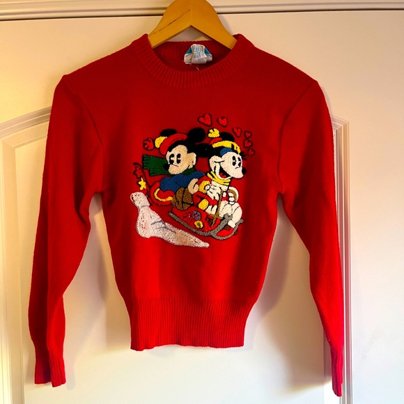 Vintage Sunday Comics Mickey and Minnie Mouse Sledding Red Knit sweater - Picture 1 of 7